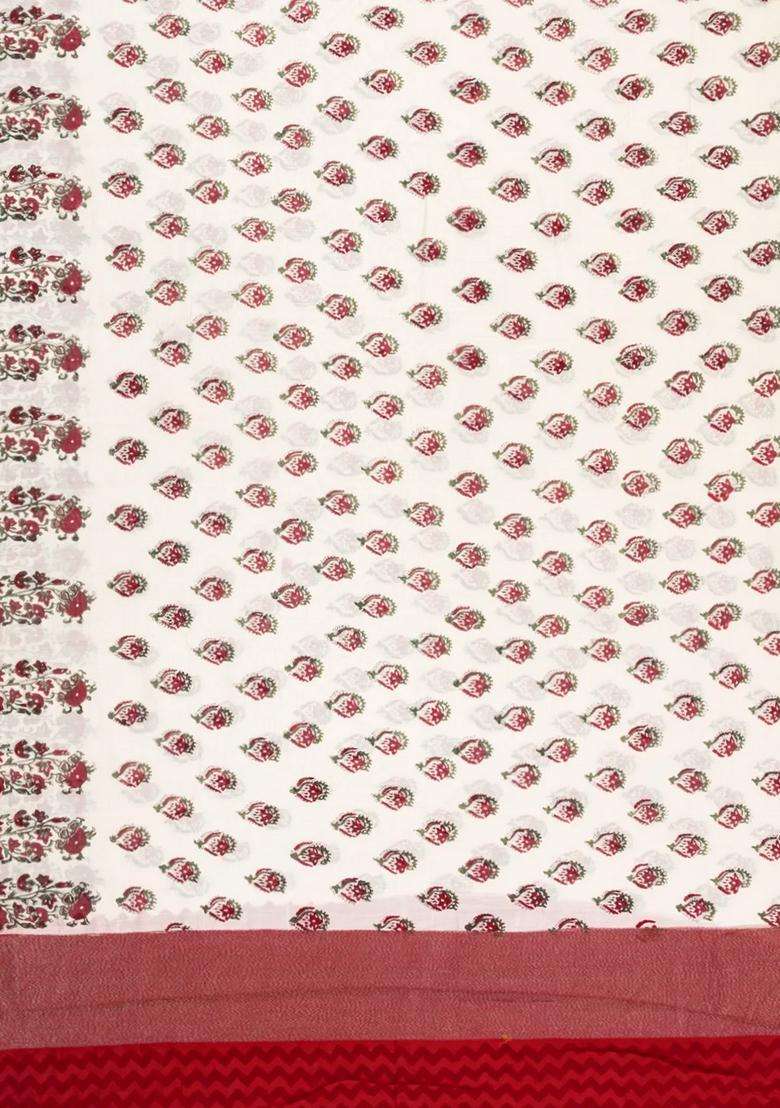 Off White Printed Chanderi Cotton Saree With Red Zari Border For Women - Indya