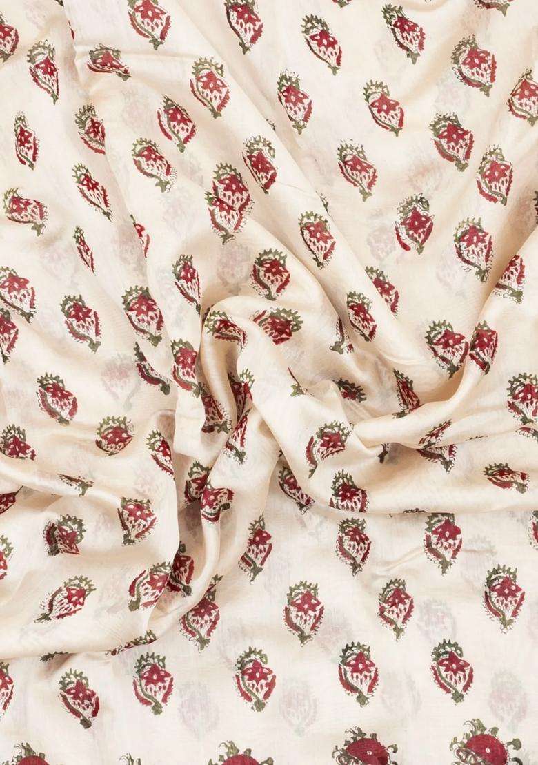 Off White Printed Chanderi Cotton Saree With Red Zari Border For Women - Indya
