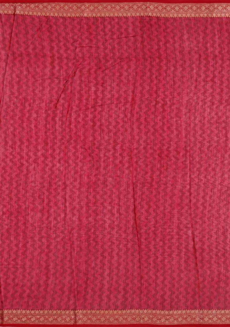 Off White Printed Chanderi Cotton Saree With Red Zari Border For Women - Indya