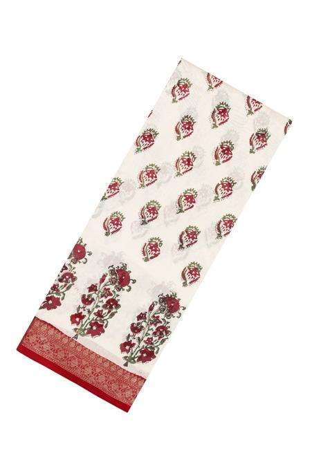 Off White Printed Chanderi Cotton Saree With Red Zari Border For Women