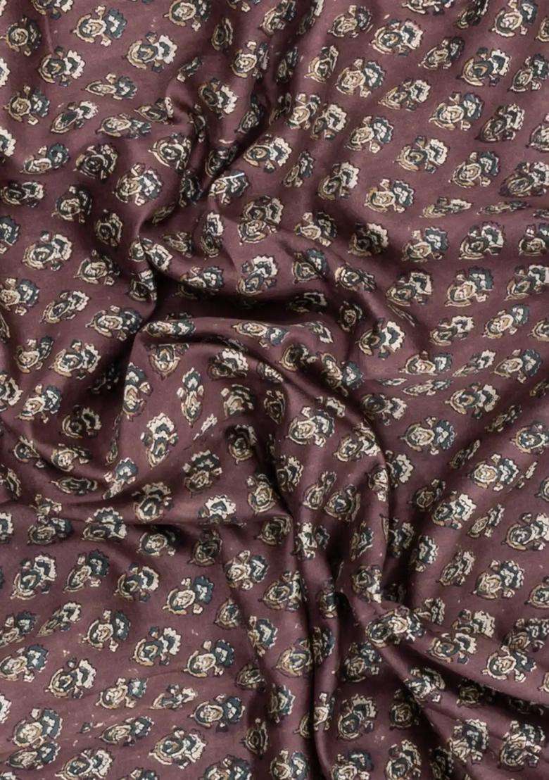 Brown Printed Chanderi Cotton Saree With Contrast Zari Border For Women - Indya