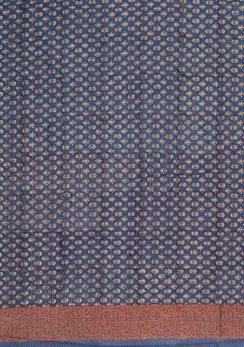 Steel Blue Printed Chanderi Cotton Saree With Contrast Zari Border For Women - Indya