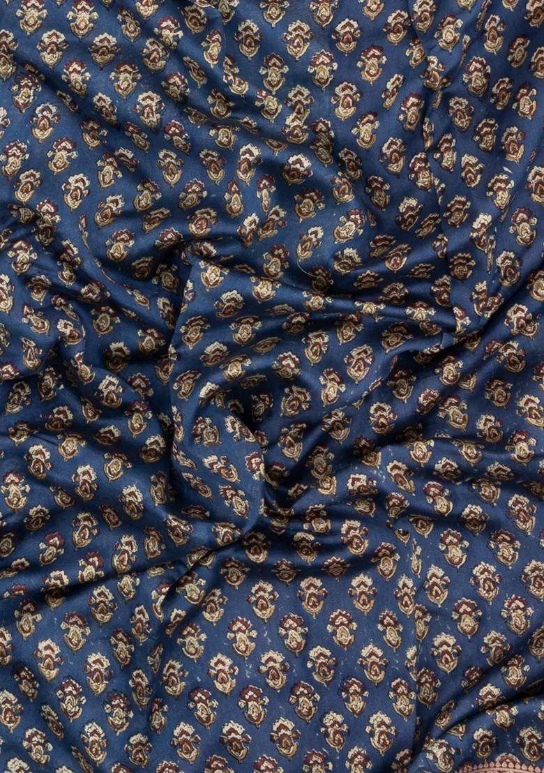 Steel Blue Printed Chanderi Cotton Saree With Contrast Zari Border For Women - Indya