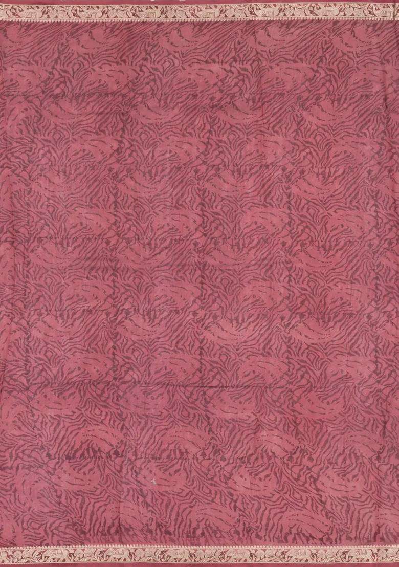 Steel Blue Printed Chanderi Cotton Saree With Contrast Zari Border For Women - Indya