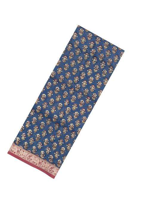 Steel Blue Printed Chanderi Cotton Saree With Contrast Zari Border For Women