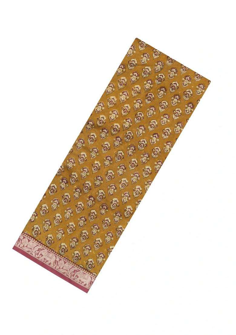 Oil Mustard Printed Chanderi Cotton Saree With Contrast Zari Border For Women - Indya