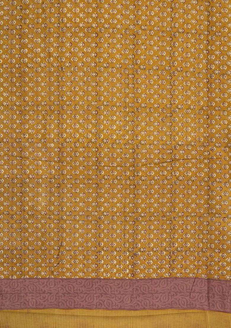 Oil Mustard Printed Chanderi Cotton Saree With Contrast Zari Border For Women - Indya