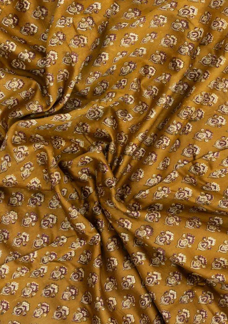 Oil Mustard Printed Chanderi Cotton Saree With Contrast Zari Border For Women - Indya