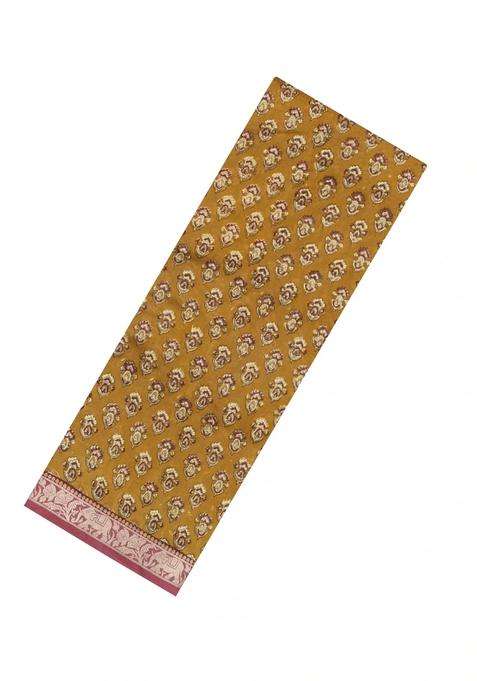 Oil Mustard Printed Chanderi Cotton Saree With Contrast Zari Border For Women