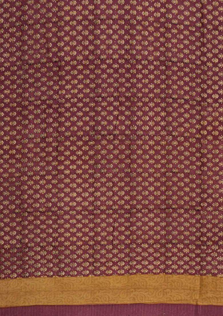 Brown Printed Chanderi Cotton Saree With Contrast Zari Border For Women - Indya
