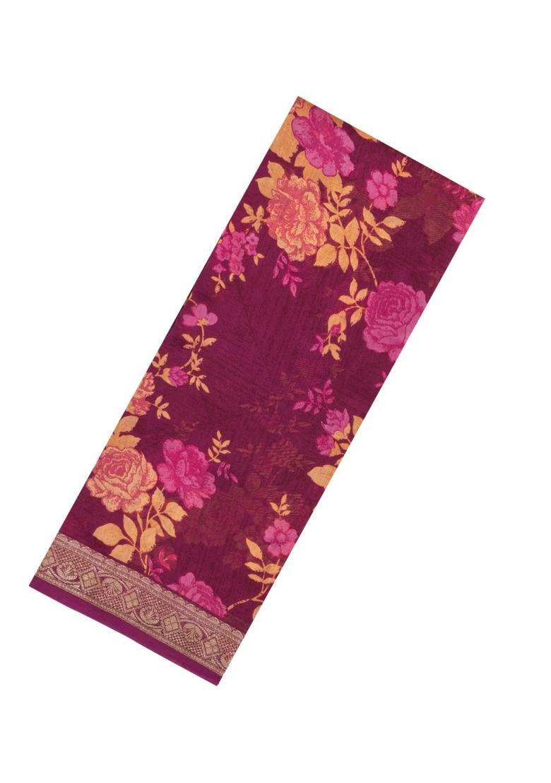 Burgundy Printed Chanderi Cotton Saree With Zari Border For Women - Indya