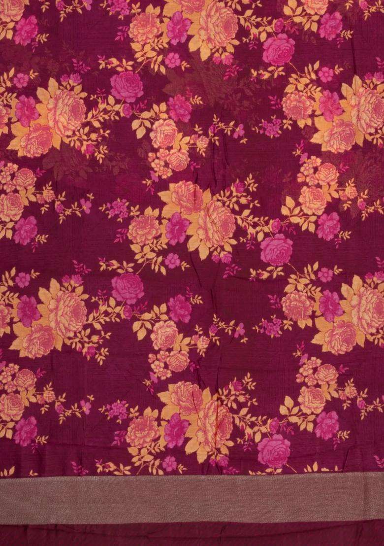 Burgundy Printed Chanderi Cotton Saree With Zari Border For Women - Indya