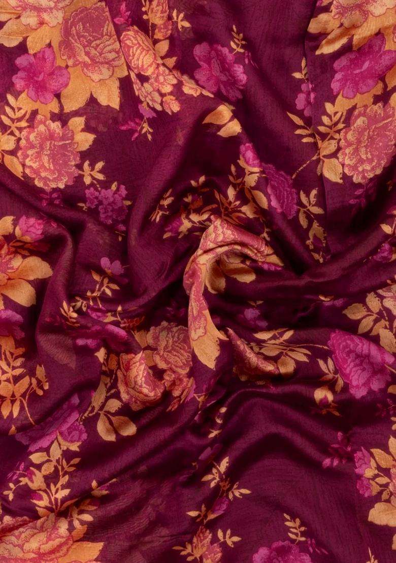 Burgundy Printed Chanderi Cotton Saree With Zari Border For Women - Indya