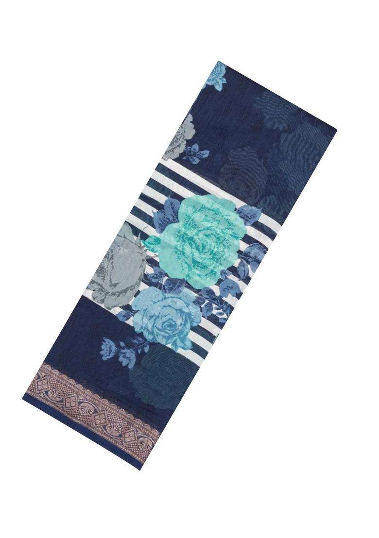Midnight Blue Printed Chanderi Cotton Saree With Zari Border For Women - Indya