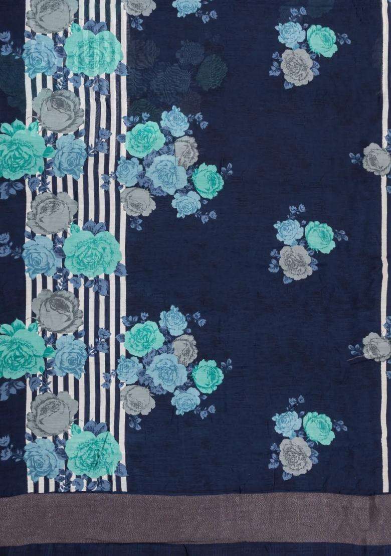 Midnight Blue Printed Chanderi Cotton Saree With Zari Border For Women - Indya