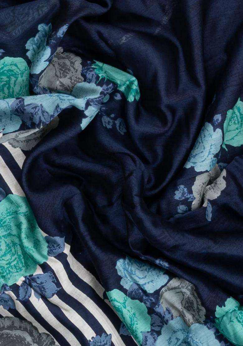 Midnight Blue Printed Chanderi Cotton Saree With Zari Border For Women - Indya