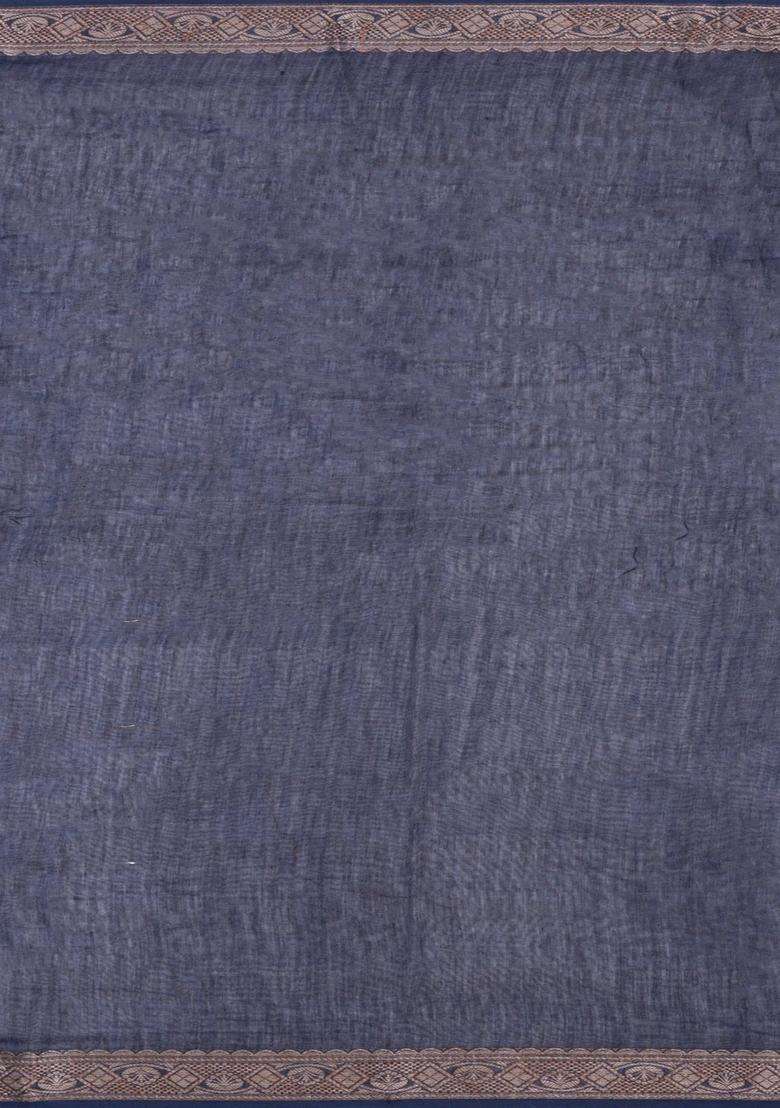 Midnight Blue Printed Chanderi Cotton Saree With Zari Border For Women - Indya