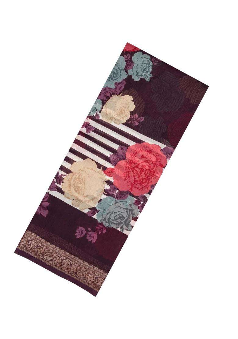 Dark Brown Printed Chanderi Cotton Saree With Zari Border For Women - Indya