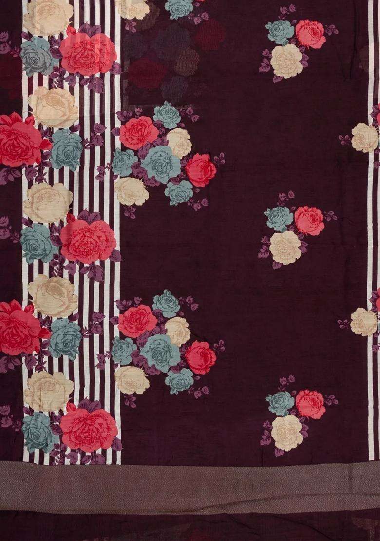 Dark Brown Printed Chanderi Cotton Saree With Zari Border For Women - Indya