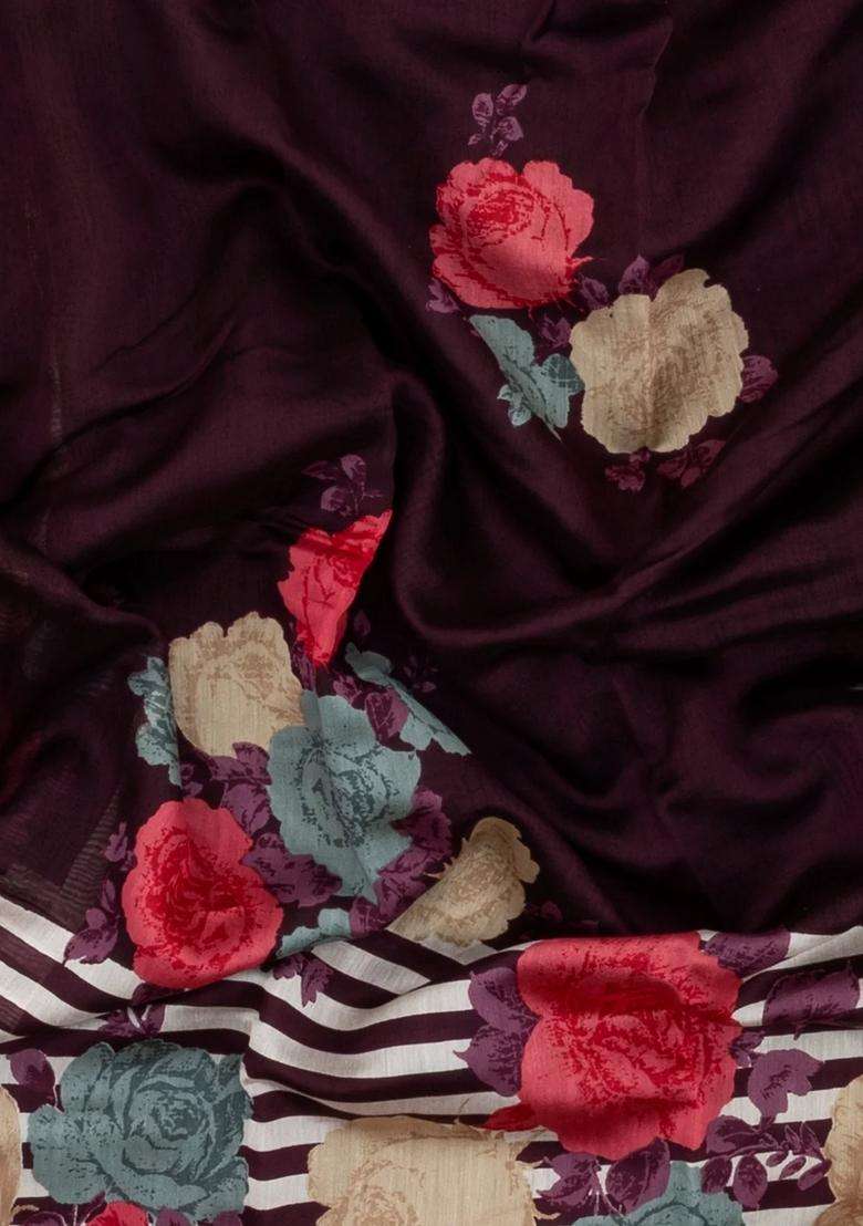 Dark Brown Printed Chanderi Cotton Saree With Zari Border For Women - Indya