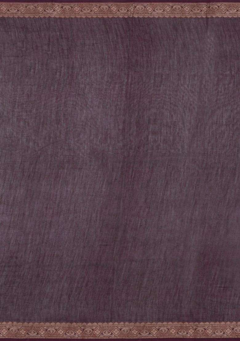 Dark Brown Printed Chanderi Cotton Saree With Zari Border For Women - Indya