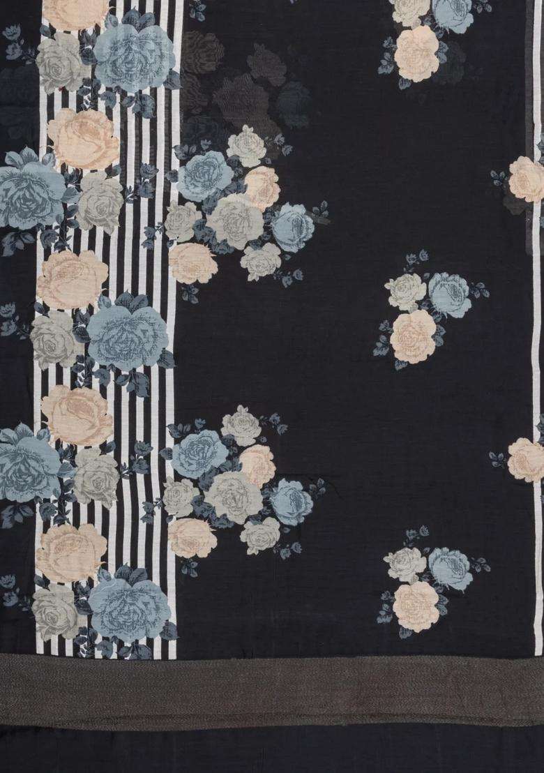Black Printed Chanderi Cotton Saree With Zari Border For Women - Indya