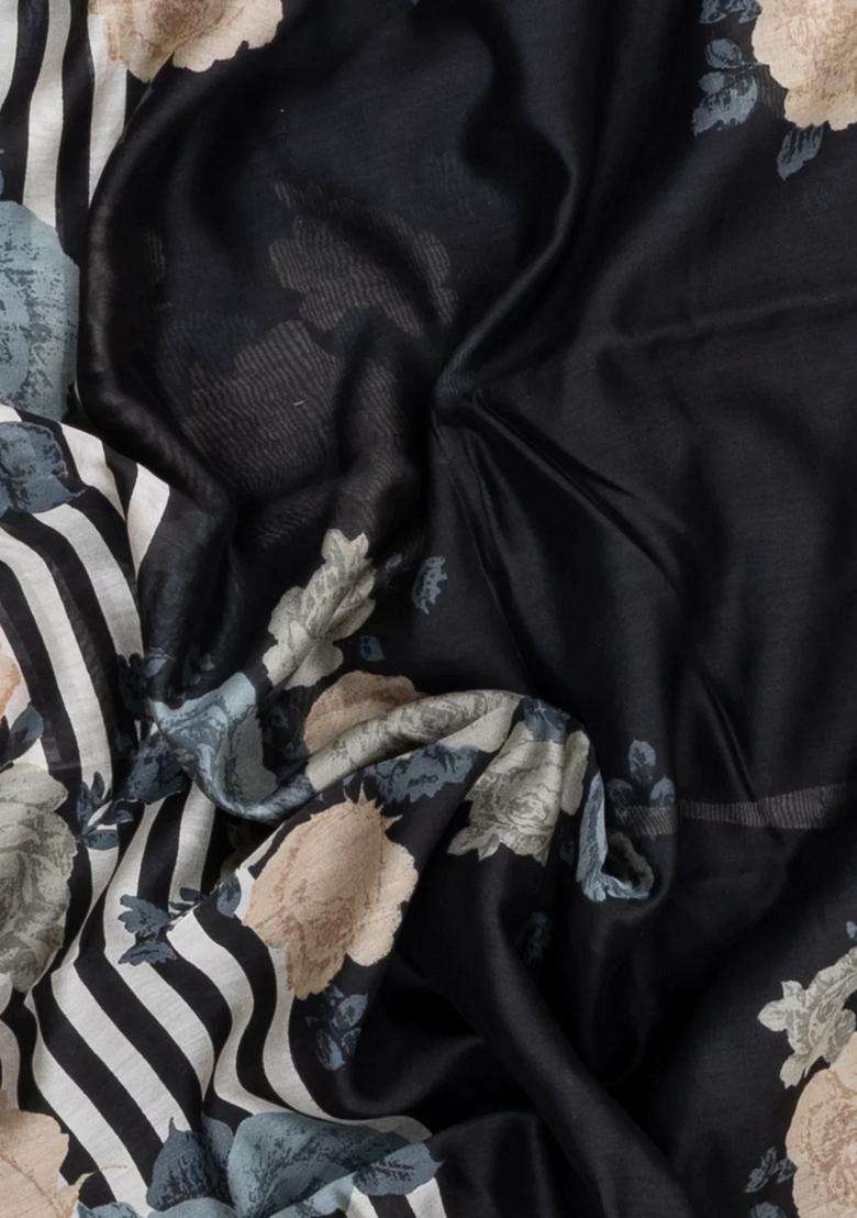 Black Printed Chanderi Cotton Saree With Zari Border For Women - Indya