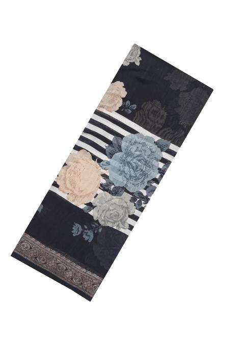 Black Printed Chanderi Cotton Saree With Zari Border For Women