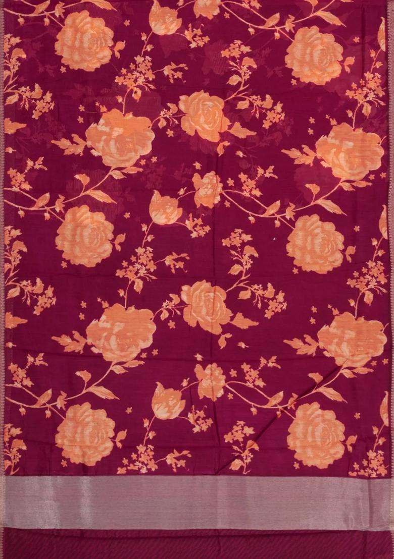 Crimson Printed Chanderi Cotton Saree With Zari Border For Women - Indya