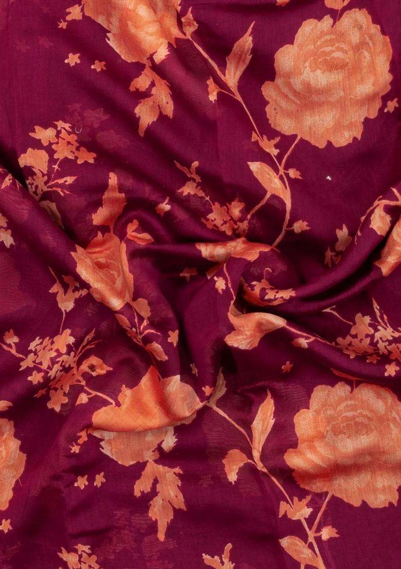 Crimson Printed Chanderi Cotton Saree With Zari Border For Women - Indya