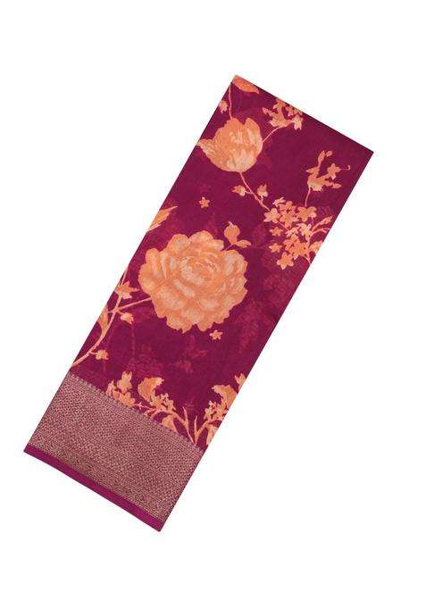 Crimson Printed Chanderi Cotton Saree With Zari Border For Women