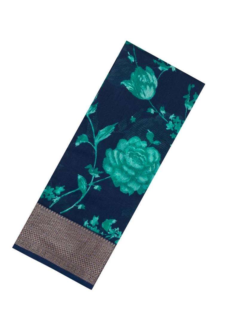 Midnight Blue Printed Chanderi Cotton Saree With Zari Border For Women - Indya