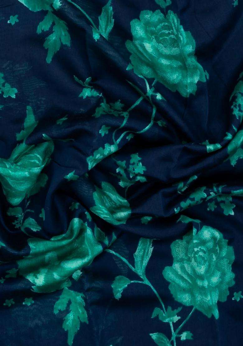 Midnight Blue Printed Chanderi Cotton Saree With Zari Border For Women - Indya