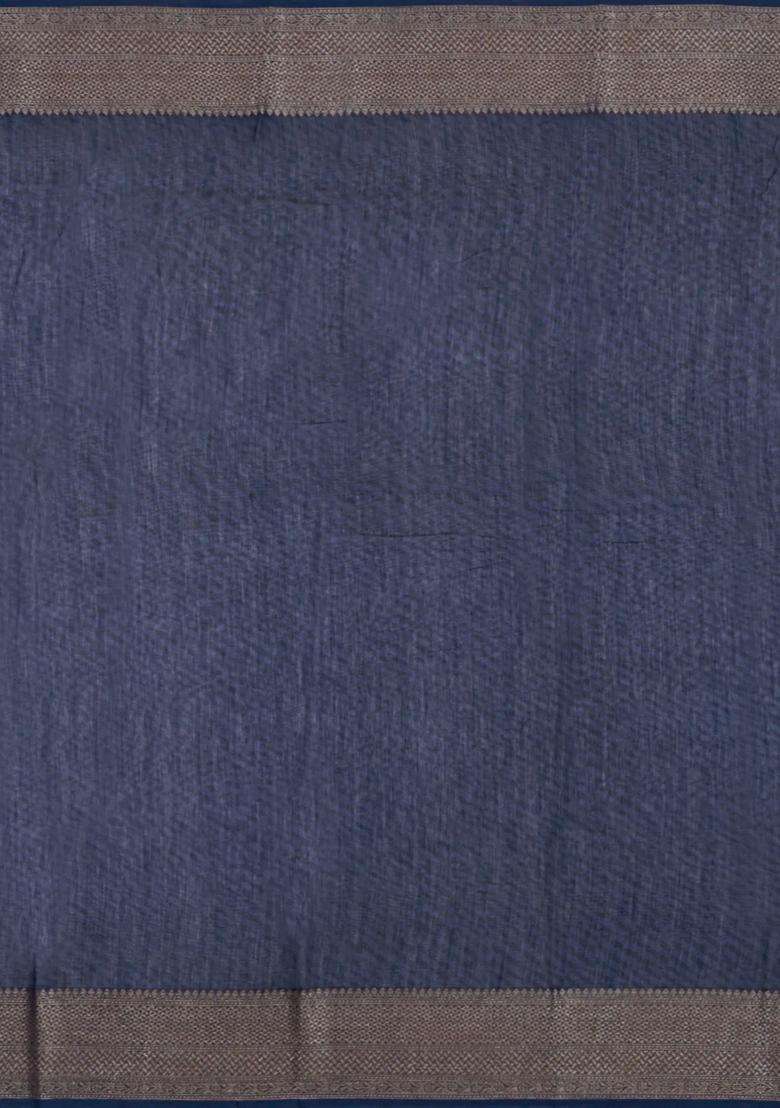 Midnight Blue Printed Chanderi Cotton Saree With Zari Border For Women - Indya