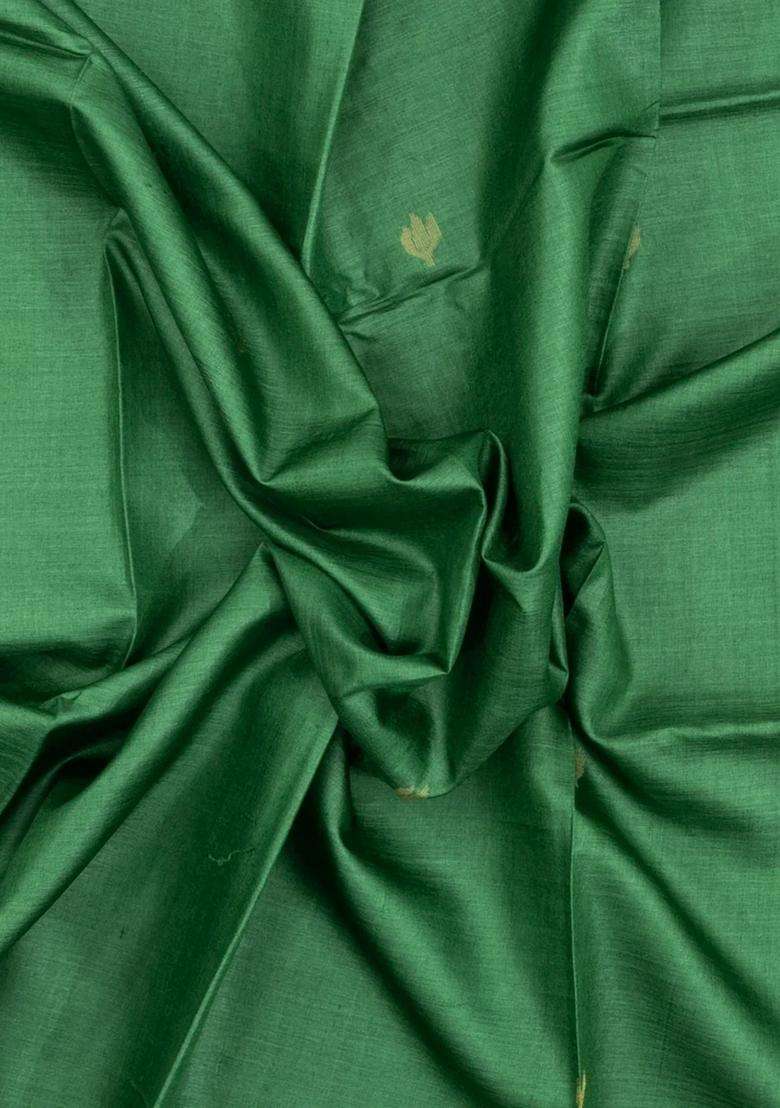 Green Handloom Tussar Silk Saree With Floral Buttas With Buttas And Brocade Design For Women - Indya