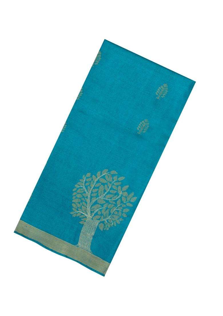 Cyan Handloom Tussar Silk Saree With Floral Buttas With Buttas And Brocade Design For Women - Indya