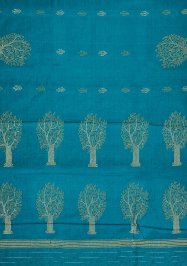 Cyan Handloom Tussar Silk Saree With Floral Buttas With Buttas And Brocade Design For Women - Indya