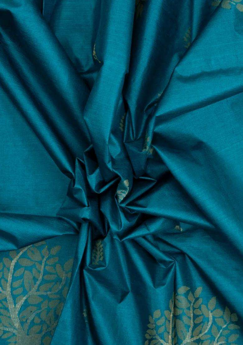 Cyan Handloom Tussar Silk Saree With Floral Buttas With Buttas And Brocade Design For Women - Indya