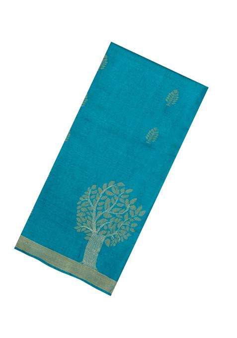 Cyan Handloom Tussar Silk Saree With Floral Buttas With Buttas And Brocade Design For Women
