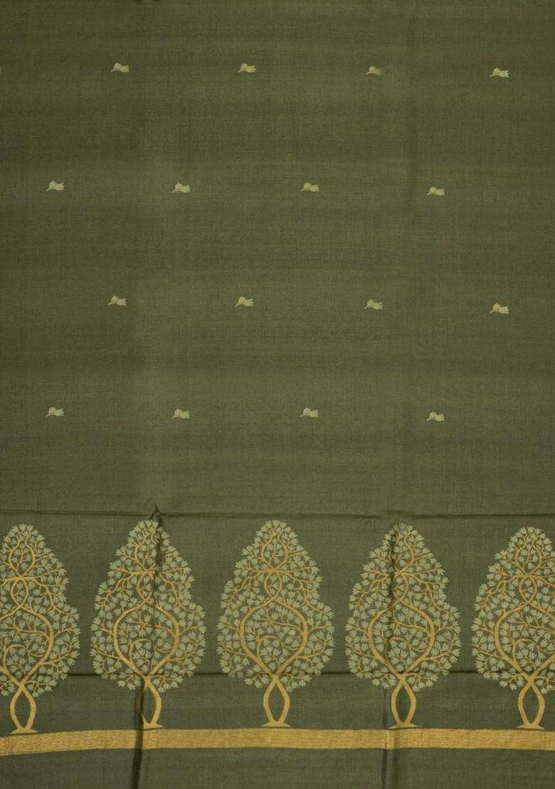Sage Green Handloom Tussar Silk Saree With Floral Buttas With Buttas And Brocade Design For Women - Indya
