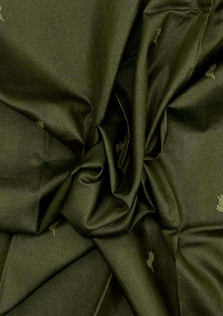 Sage Green Handloom Tussar Silk Saree With Floral Buttas With Buttas And Brocade Design For Women - Indya