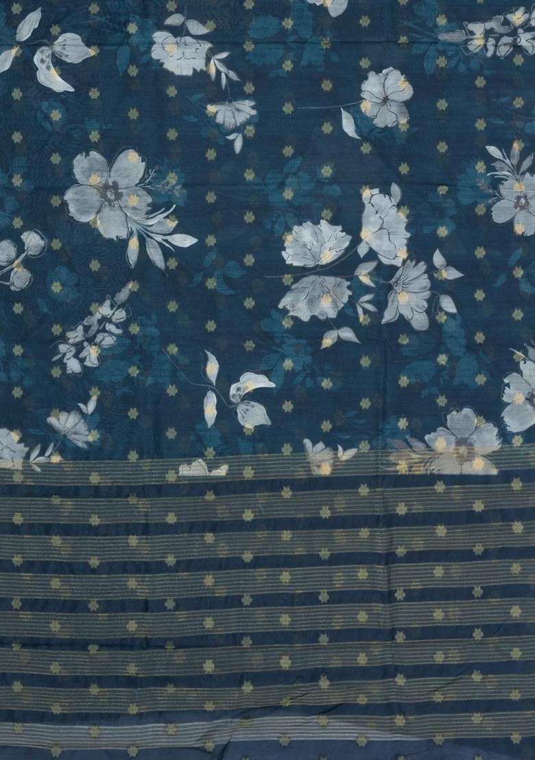 Navy Blue Printed Synthetic Dola Silk Saree With Zari Buttas Border For Women - Indya