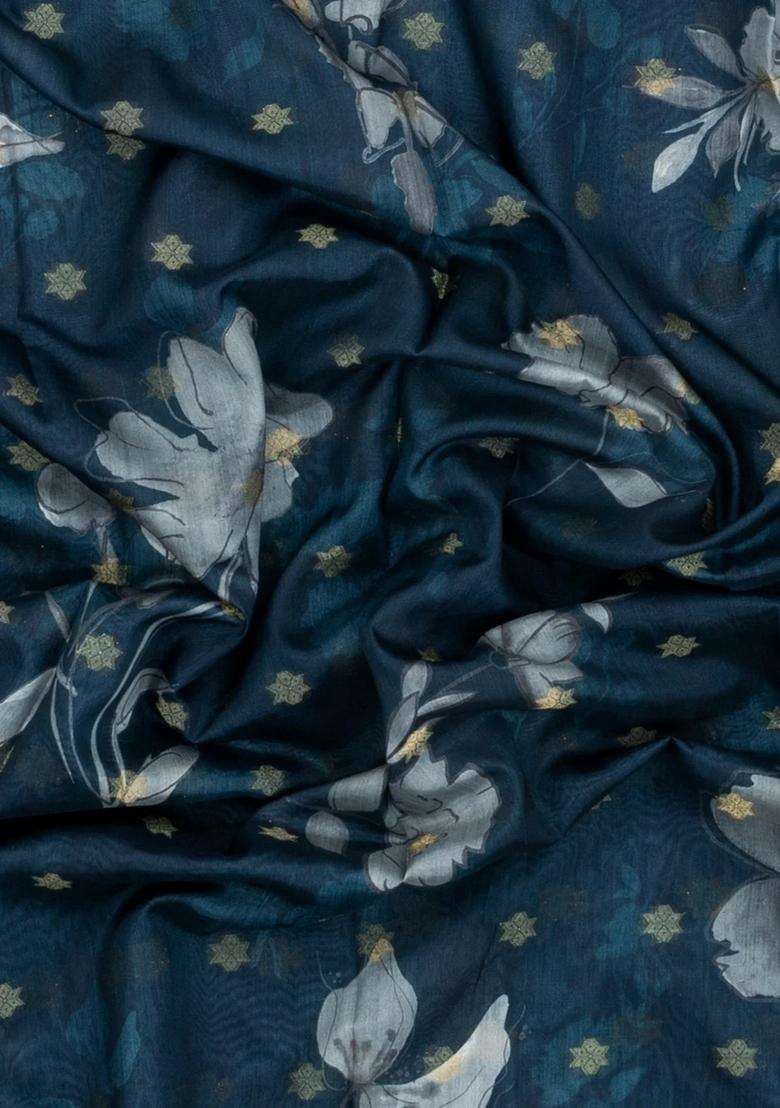 Navy Blue Printed Synthetic Dola Silk Saree With Zari Buttas Border For Women - Indya