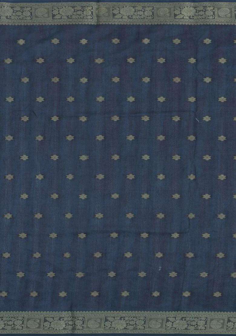 Navy Blue Printed Synthetic Dola Silk Saree With Zari Buttas Border For Women - Indya