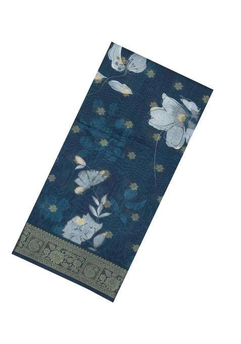 Navy Blue Printed Synthetic Dola Silk Saree With Zari Buttas Border For Women