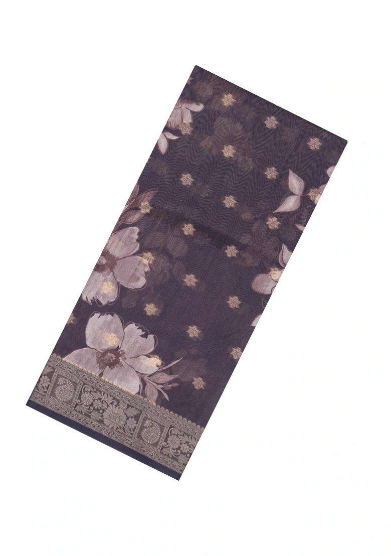 Dark Grey Printed Synthetic Dola Silk Saree With Zari Buttas Border For Women - Indya