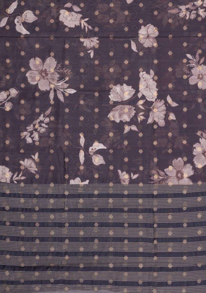 Dark Grey Printed Synthetic Dola Silk Saree With Zari Buttas Border For Women - Indya