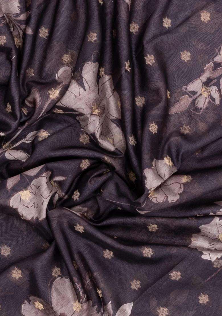 Dark Grey Printed Synthetic Dola Silk Saree With Zari Buttas Border For Women - Indya