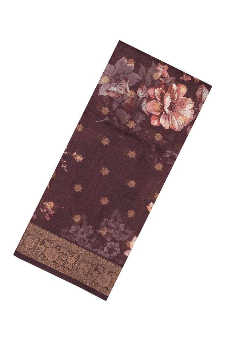 Dark Brown Printed Synthetic Dola Silk Saree With Zari Buttas Border For Women - Indya