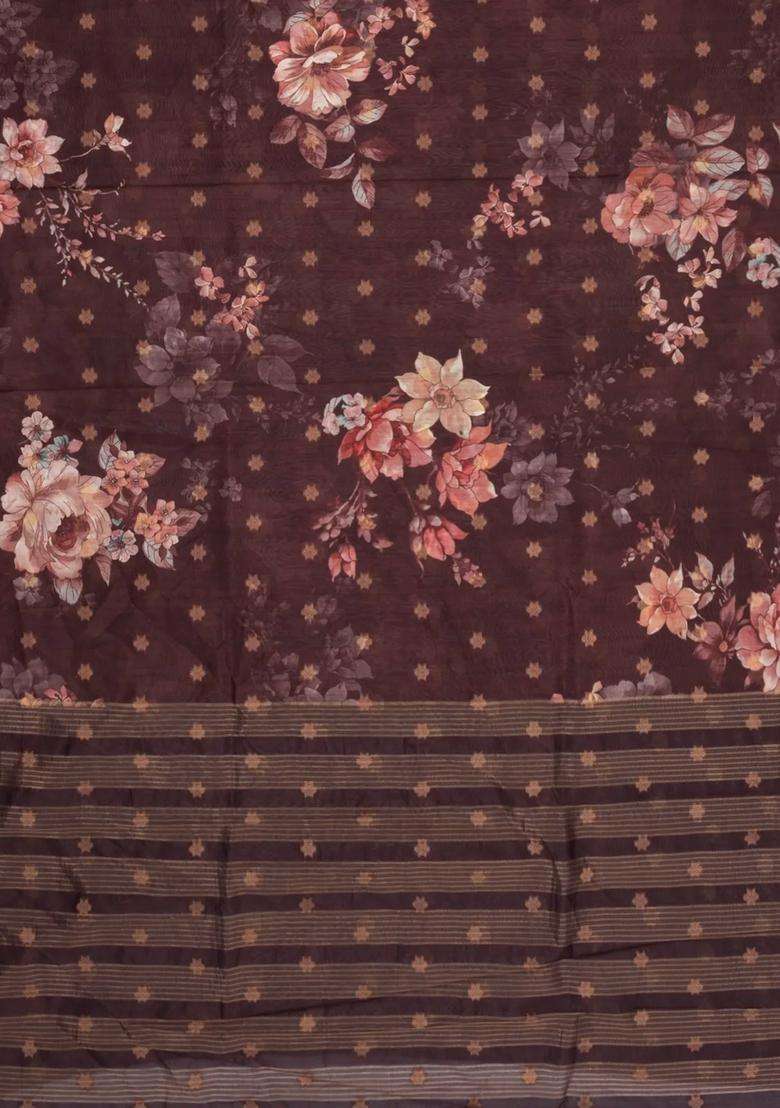 Dark Brown Printed Synthetic Dola Silk Saree With Zari Buttas Border For Women - Indya